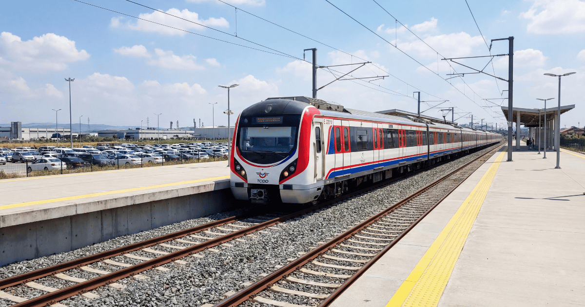 Gebze Marmaray İstasyonu – TCDD Marmaray treni Gebze durağında peronda beklerken, istasyon platformu ve otopark görünümü